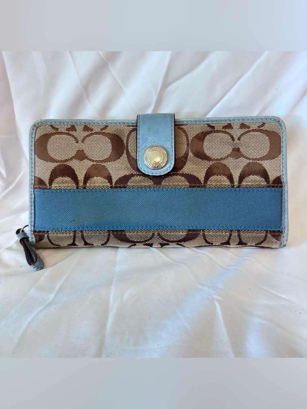 Vintage Coach Classic C Monogram Canvas Leather Wallet Blue Brown Tan Boho Y2K